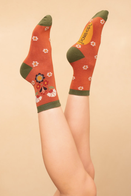 Floral Ladies Ankle Socks in Tangerine