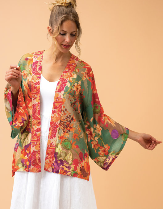 Birds and Blooms Kimono Jacket in Sage