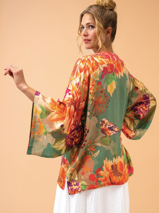 Birds and Blooms Kimono Jacket in Sage