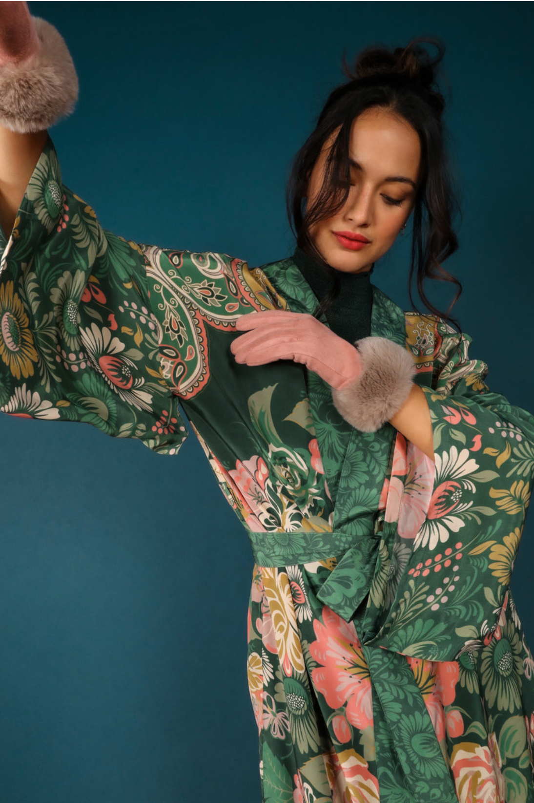 Folk Art Floral Kimono Gown - Fern