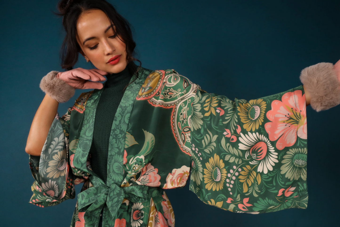 Folk Art Floral Kimono Gown - Fern