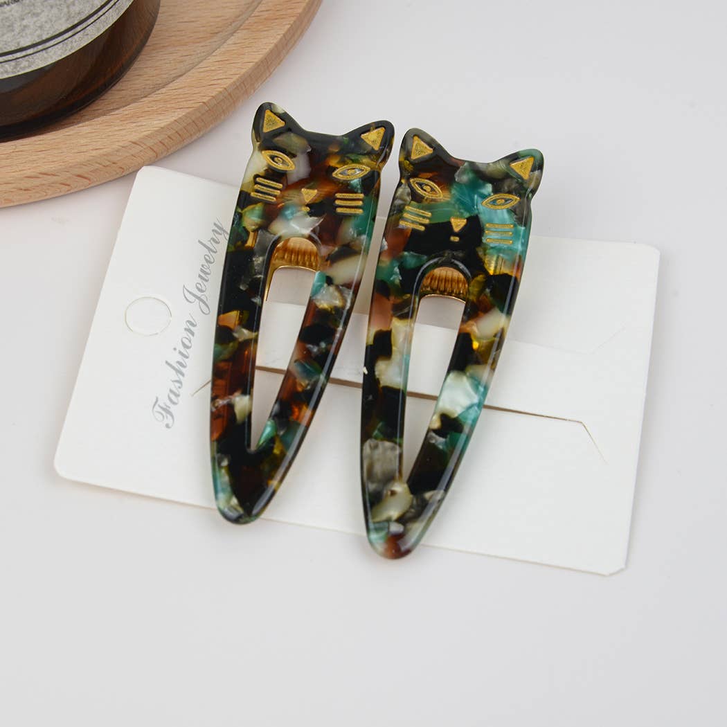 Cat Acetate Hair Clips Set Of 2, Eco-friendly: BlackGreen