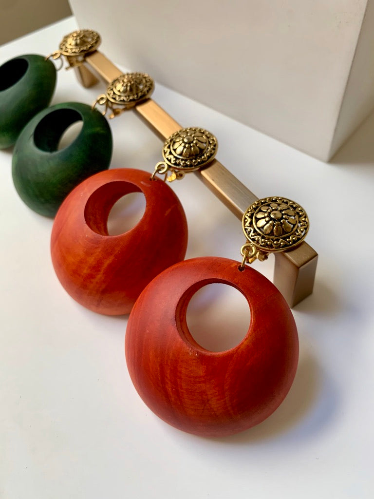 Wood Drop Hoop Clip on Earrings