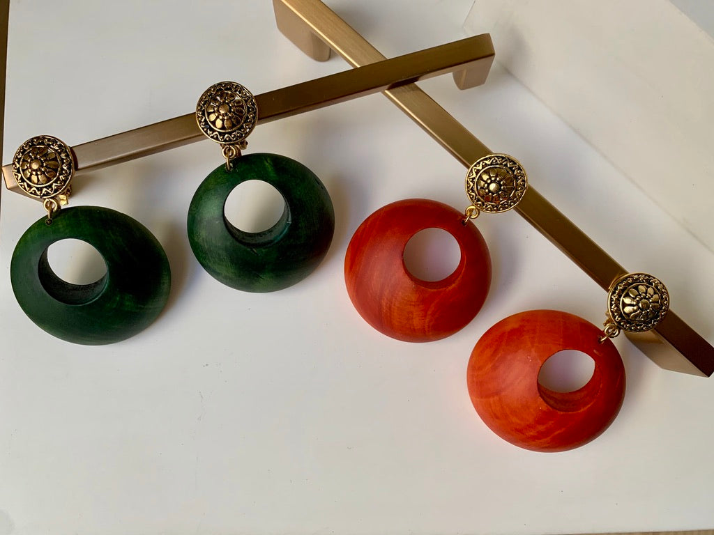 Wood Drop Hoop Clip on Earrings