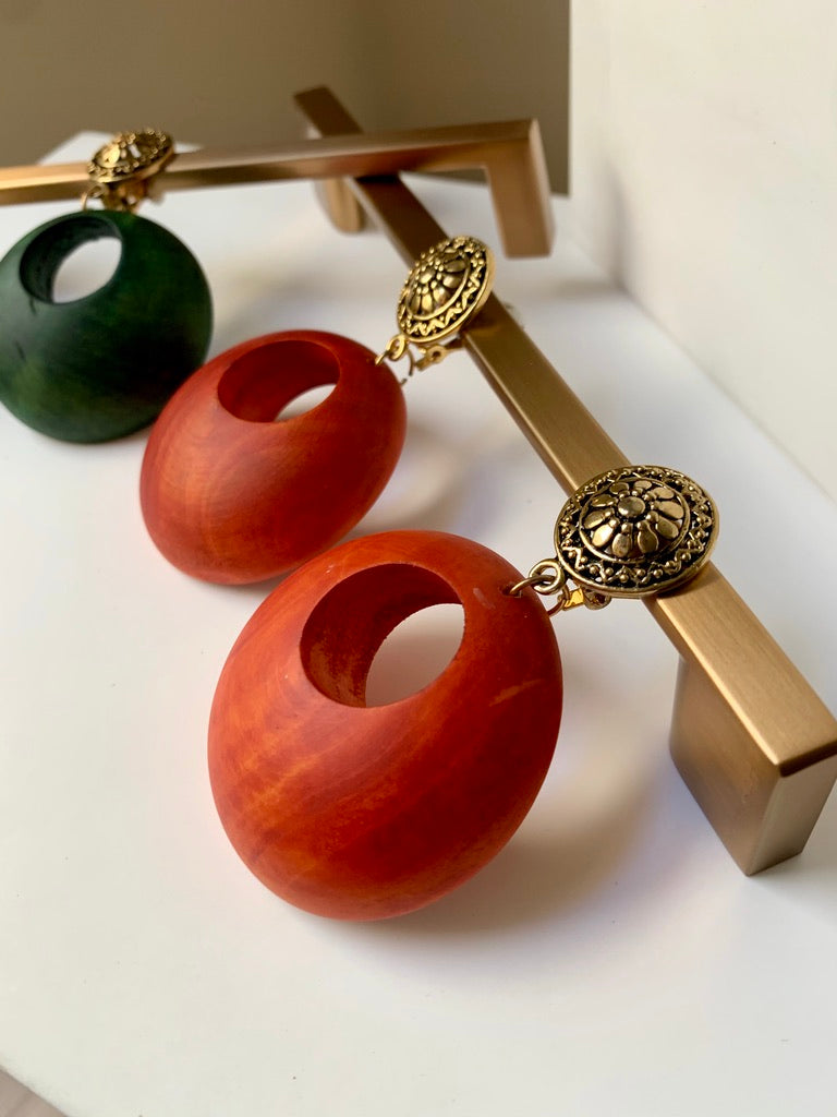 Wood Drop Hoop Clip on Earrings