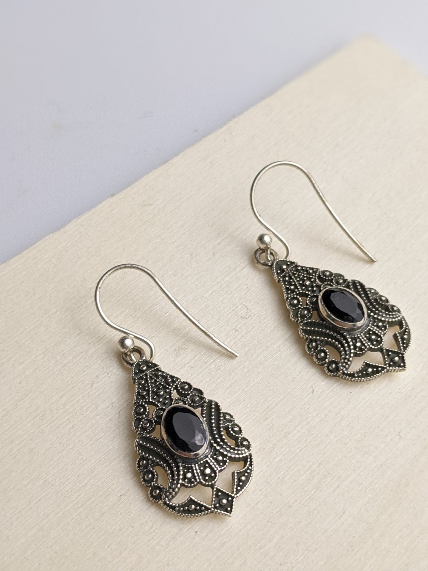 Teardrop Filigree Onyx Earrings