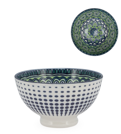 Green Mandala Bowl- Porcelain 8 oz 4.5" Diameter