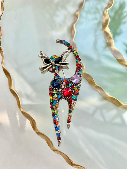 Technicolor Jewelled Cat Brooch Pin