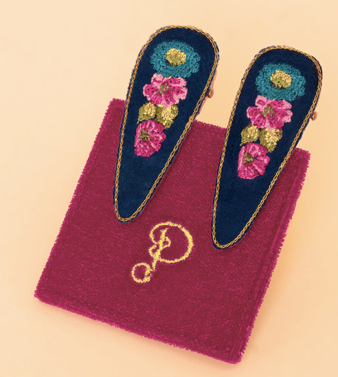 Embroidered Hair Clips (Set of 2) - Vintage Floral, Navy