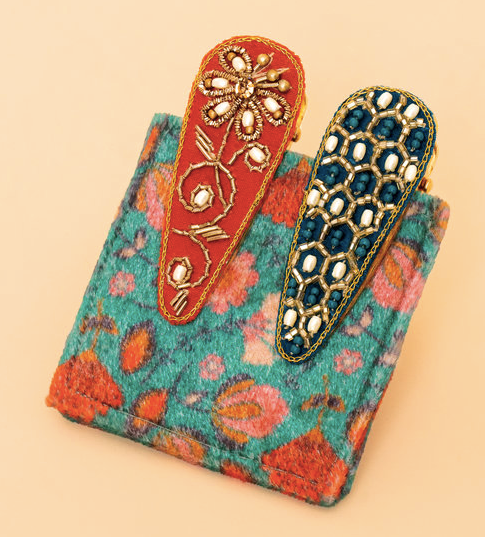 Jewelled Hair Clips (Set of 2) - Hexagon & Floral Stem, Teal & Tangerine
