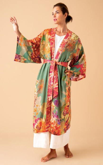 Birds and Blooms Kimono Gown in Sage