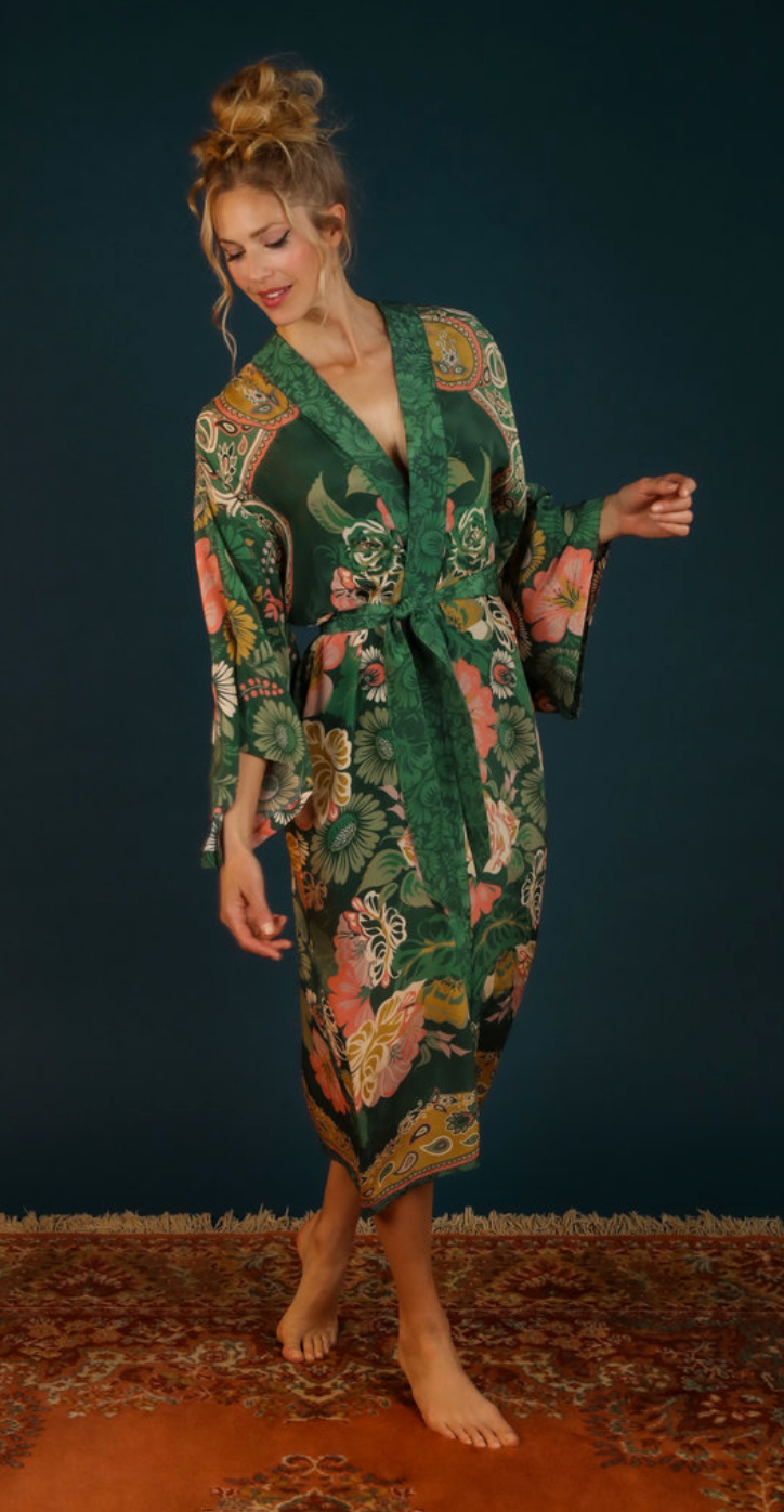 Folk Art Floral Kimono Gown - Fern