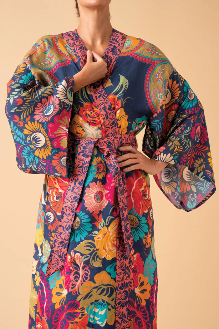 Vintage Floral Kimono Gown in Ink