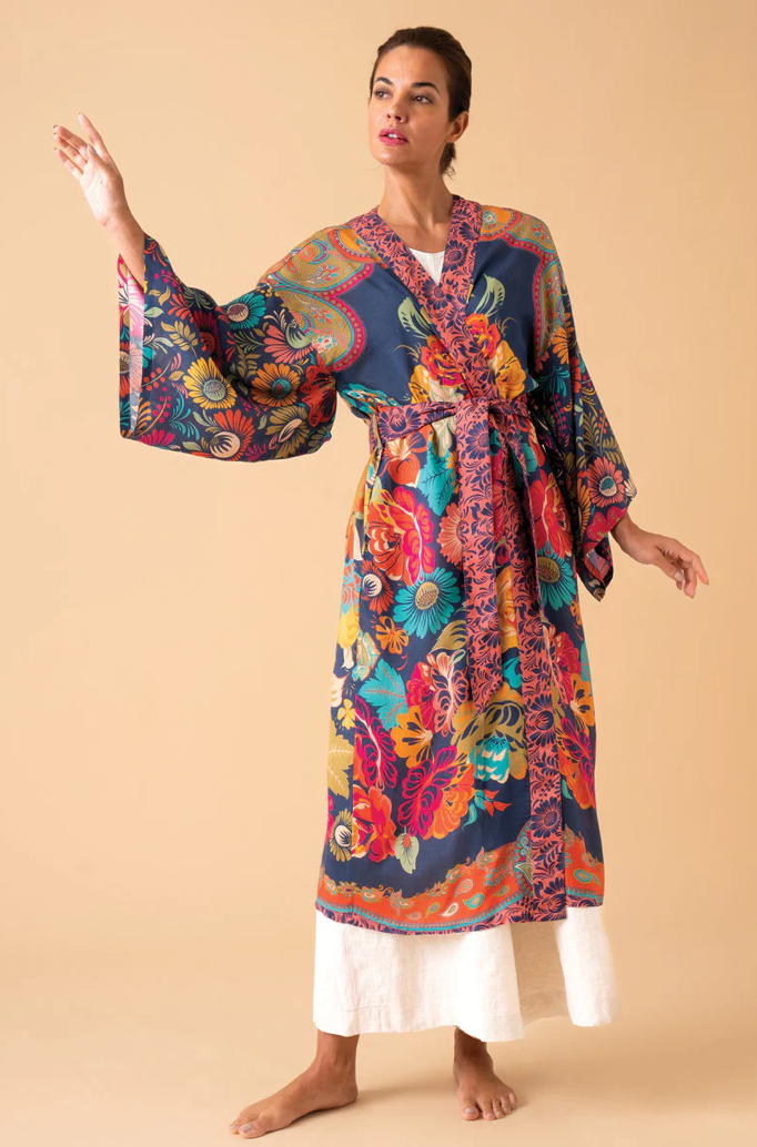 Vintage Floral Kimono Gown in Ink