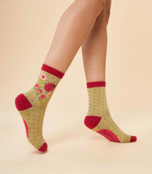 Ladies Ankle Socks - Ladybird in Sage