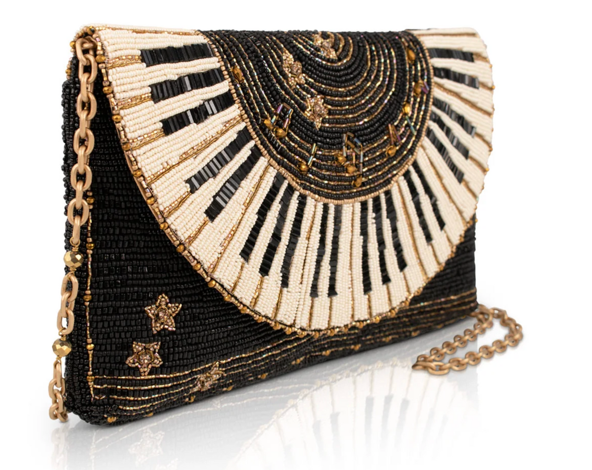 Let It Play Piano Keys Music Notes Beaded Crossbody Handbag