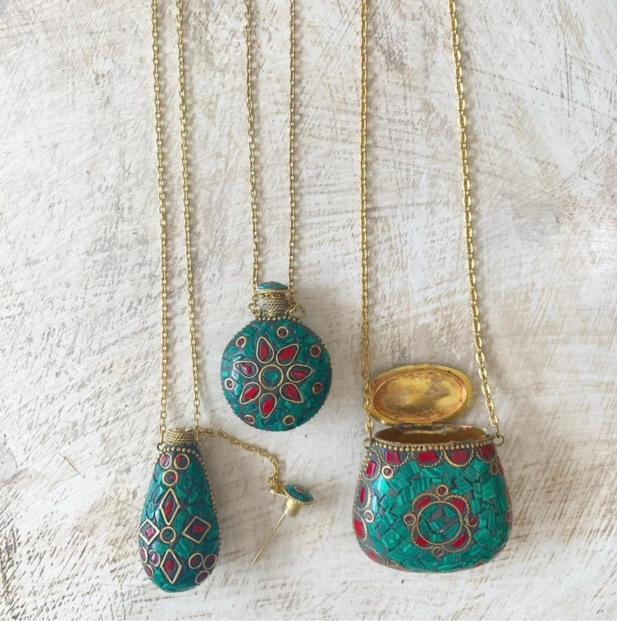 Mosaic Round Perfume Holder Necklace - Turquoise