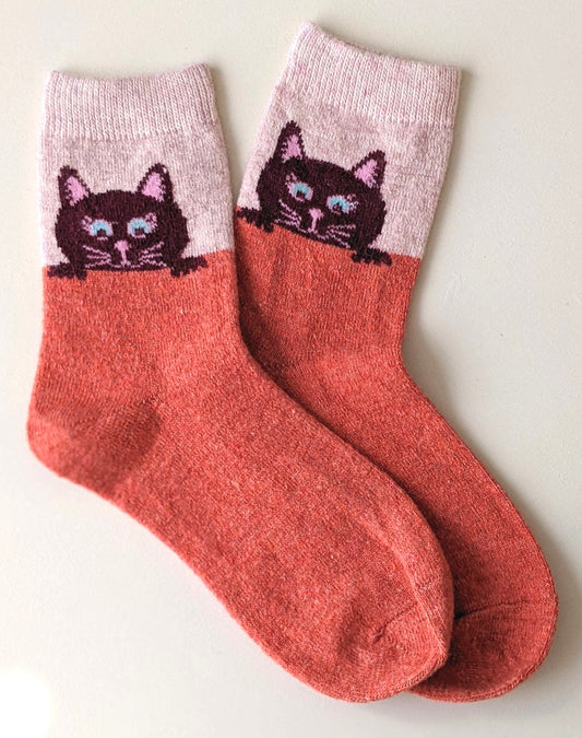 Peekaboo Cat Socks- Orange/Beige
