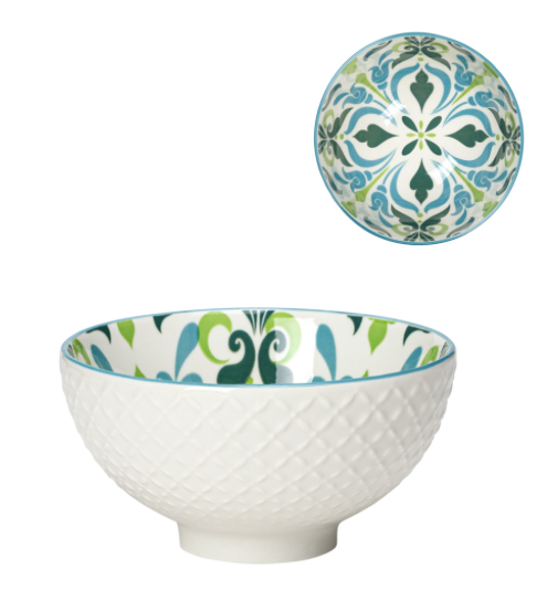 Teal filigree Bowl- Porcelain 8 oz 4.5" Diameter