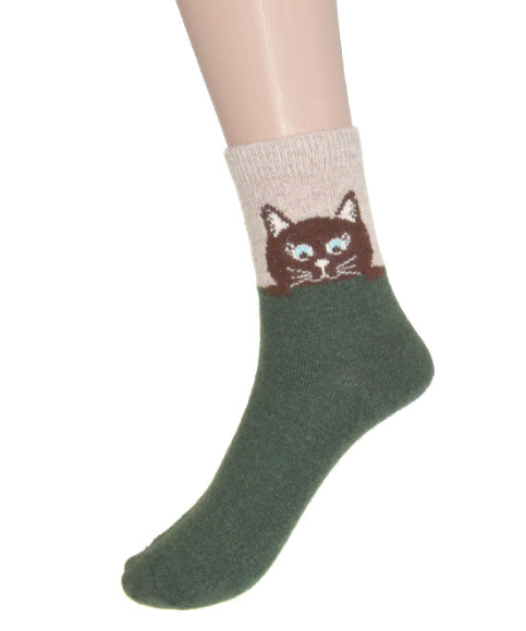 Peekaboo Cat Socks- Green/Beige